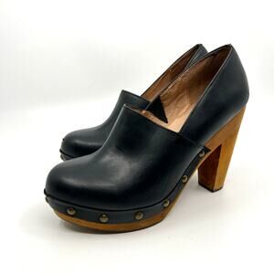 FIEL Black Leather Studded Block Wood Heel Pumps Women's 7.5 US